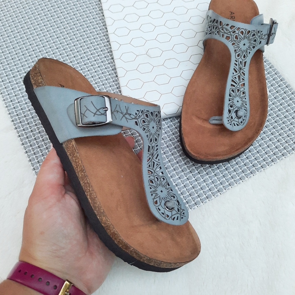 Arizona Cork Slide Sandal Tribal Tattoo Laser Cut Faux Suede Boho NEW 5.5 Gray